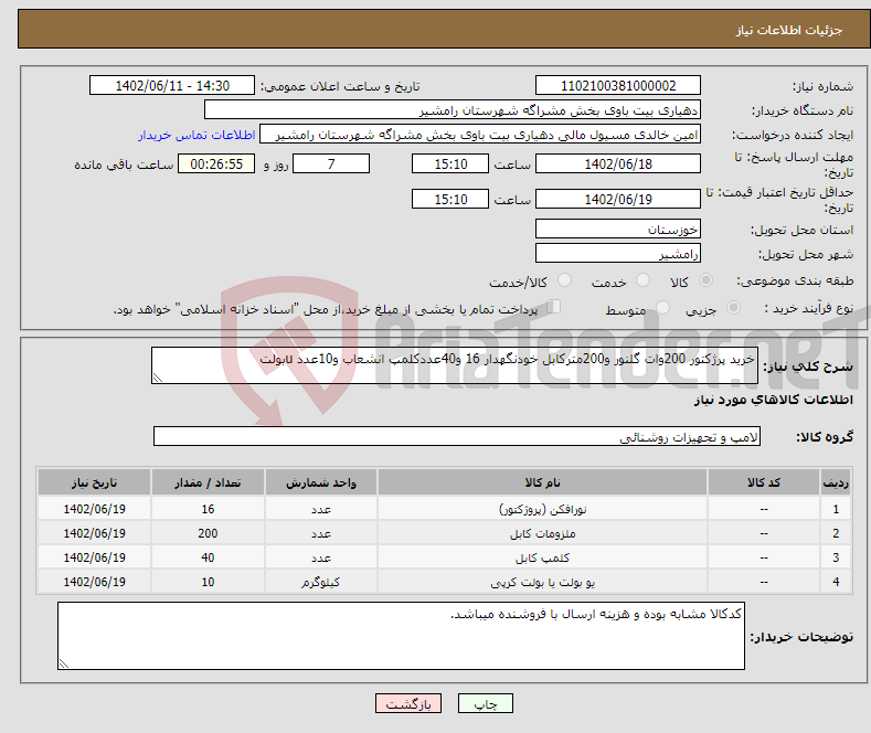 تصویر کوچک آگهی نیاز انتخاب تامین کننده-خرید پرژکتور 200وات گلنور و200مترکابل خودنگهدار 16 و40عددکلمپ انشعاب و10عدد uبولت