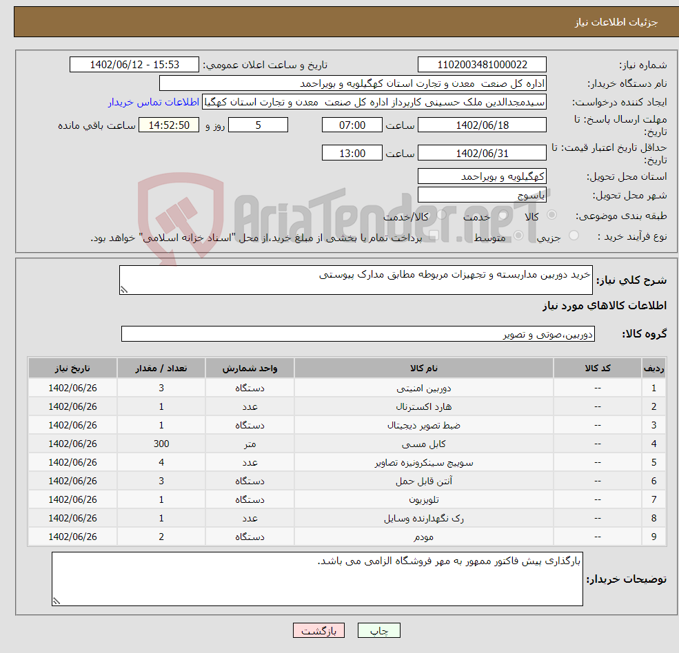 تصویر کوچک آگهی نیاز انتخاب تامین کننده-خرید دوربین مداربسته و تجهیزات مربوطه مطابق مدارک پیوستی