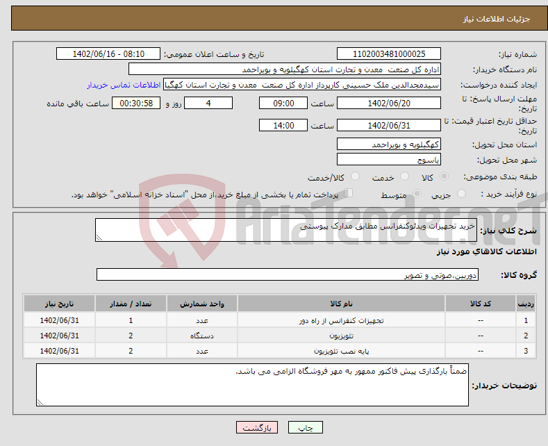 تصویر کوچک آگهی نیاز انتخاب تامین کننده-خرید تجهیزات ویدئوکنفرانس مطابق مدارک پیوستی