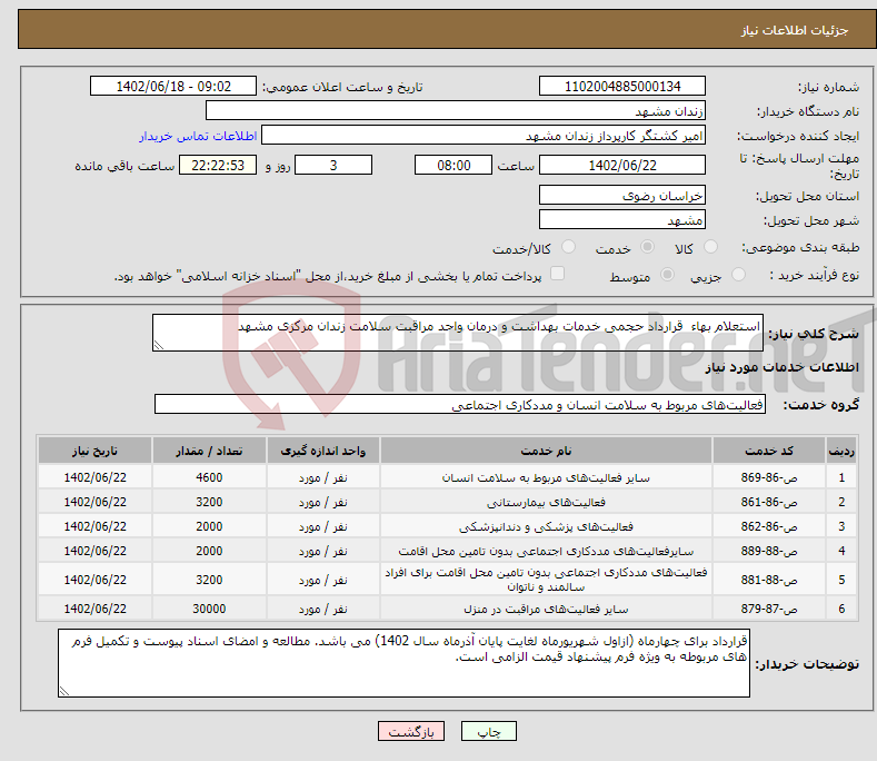 تصویر کوچک آگهی نیاز انتخاب تامین کننده-استعلام بهاء قرارداد حجمی خدمات بهداشت و درمان واحد مراقبت سلامت زندان مرکزی مشهد