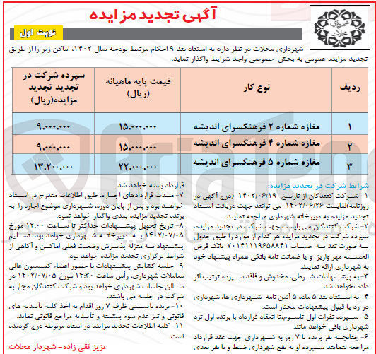 تصویر کوچک آگهی واگذاری اماکن...