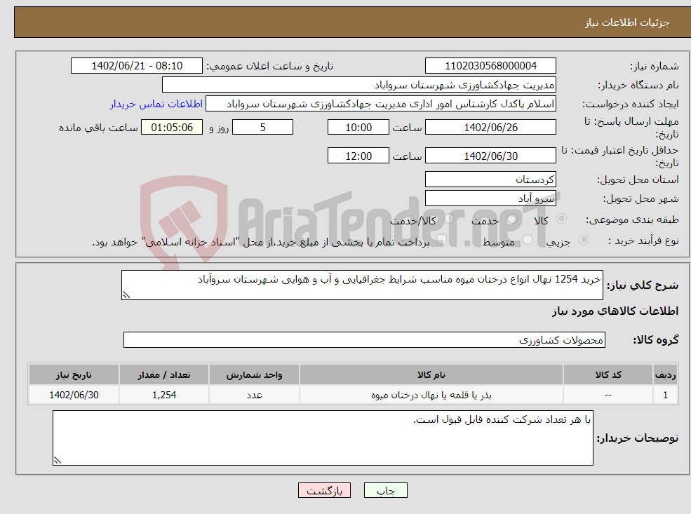 تصویر کوچک آگهی نیاز انتخاب تامین کننده-خرید 1254 نهال انواع درختان میوه مناسب شرایط جغرافیایی و آب و هوایی شهرستان سروآباد 