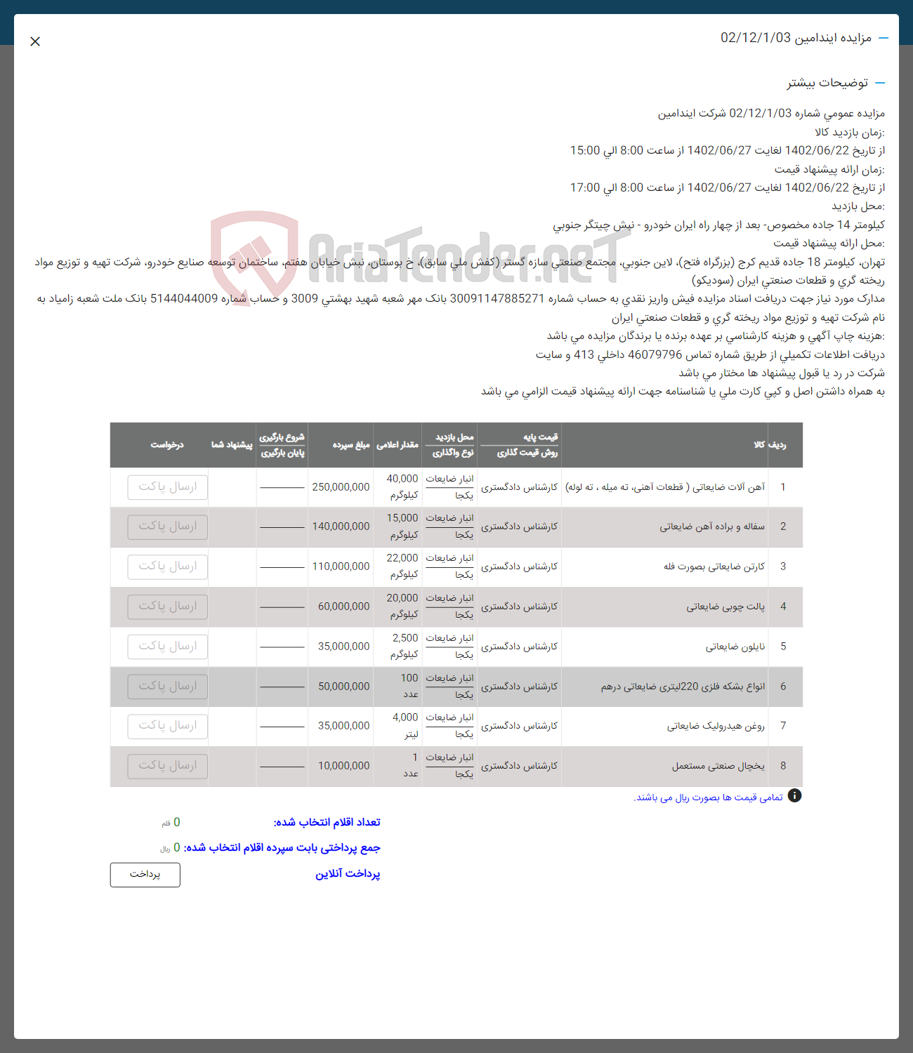 تصویر کوچک آگهی فروش اقلام در 8 ردیف شامل آهن آلات و ...