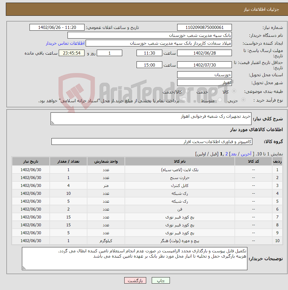 تصویر کوچک آگهی نیاز انتخاب تامین کننده-خرید تجهیزات رک شعبه فرجوانی اهواز 