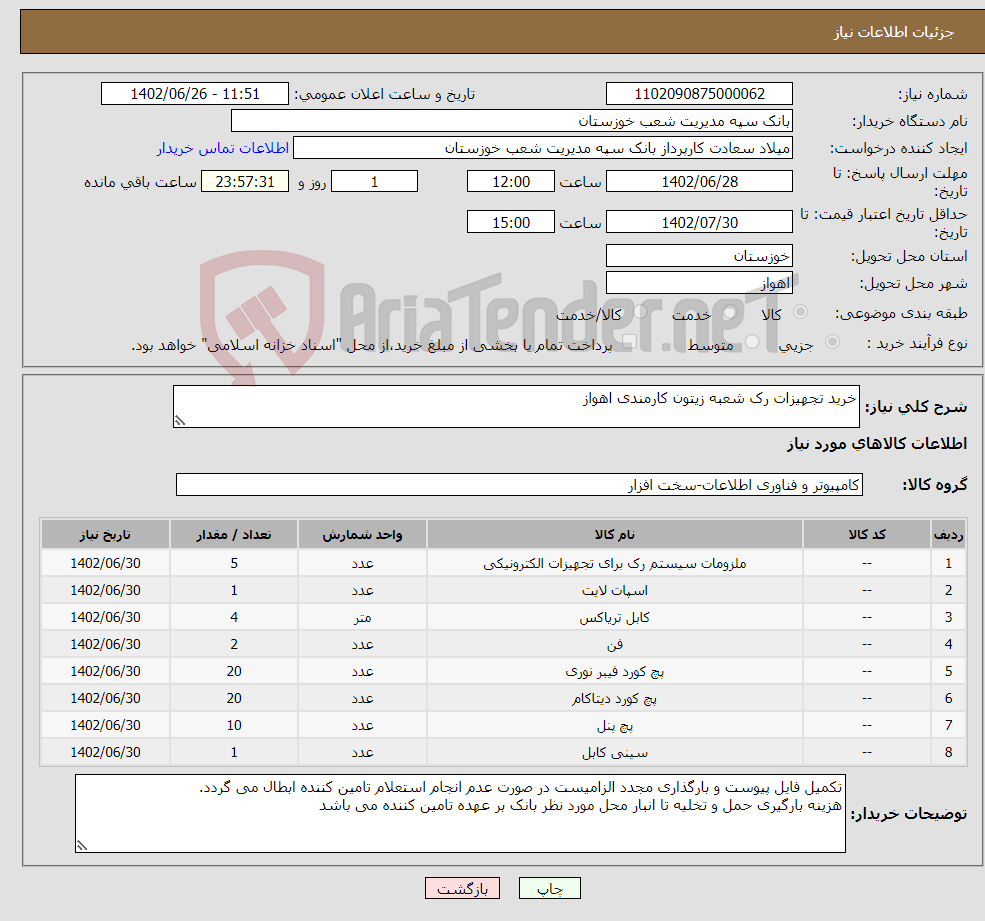 تصویر کوچک آگهی نیاز انتخاب تامین کننده-خرید تجهیزات رک شعبه زیتون کارمندی اهواز