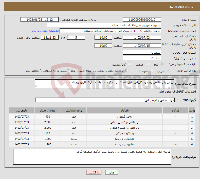 تصویر کوچک آگهی نیاز انتخاب تامین کننده-روغن وتن ماهی ورب وماکارونی طبق همان برند ذکر شده باشد دارای تاریخ روز باشد.