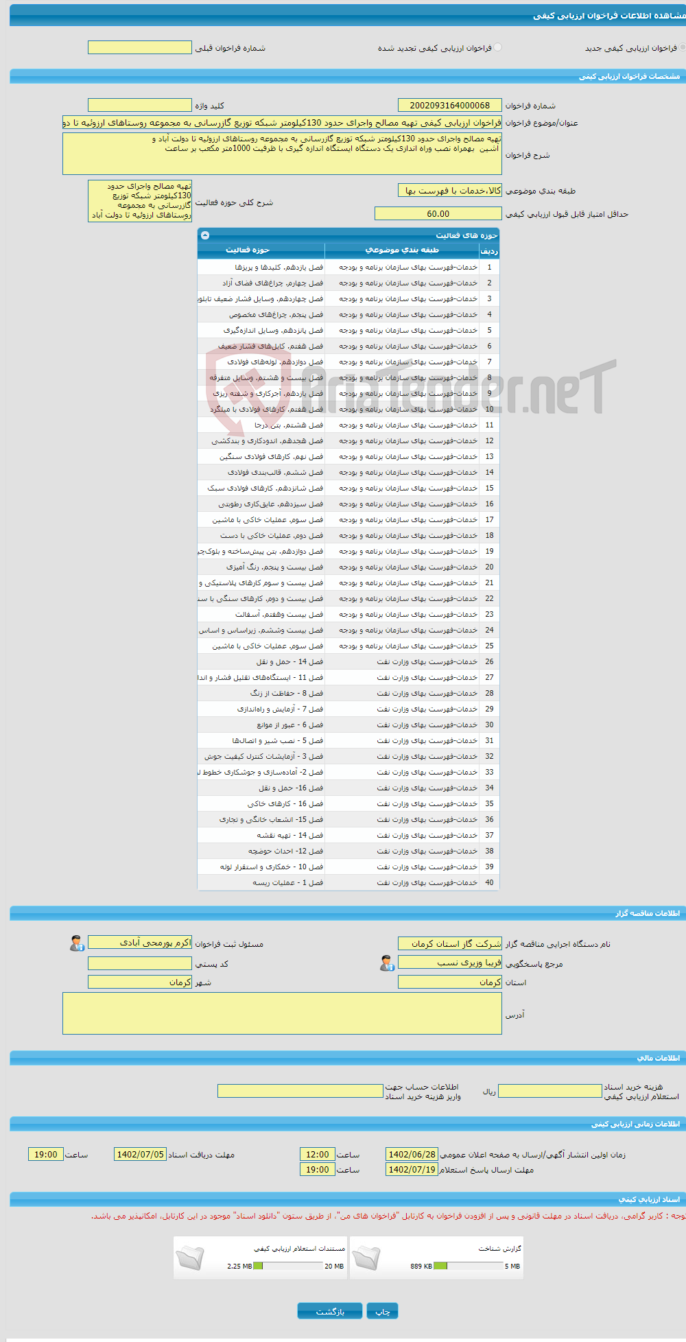 تصویر کوچک آگهی فراخوان ارزیابی کیفی تهیه مصالح واجرای حدود 130کیلومتر شبکه توزیع گازرسانی به مجموعه روستاهای ارزوئیه تا دولت آباد و آشین بهمراه نصب ایستگاه 