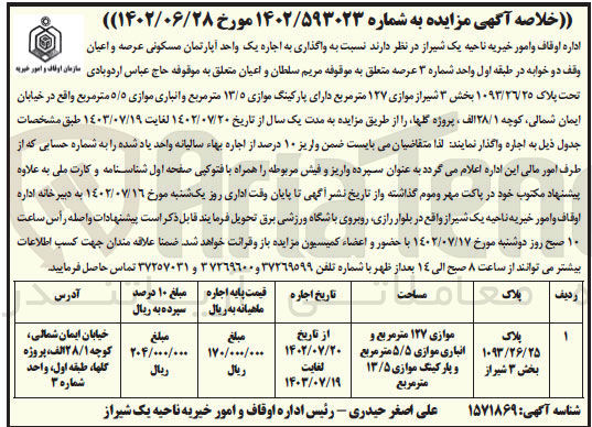 تصویر کوچک آگهی واگذاری به اجاره یک واحد آپارتمان مسکونی