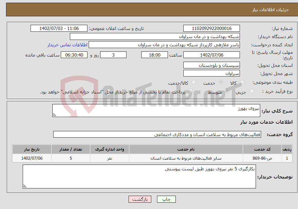 تصویر کوچک آگهی نیاز انتخاب تامین کننده-نیروی بهورز 