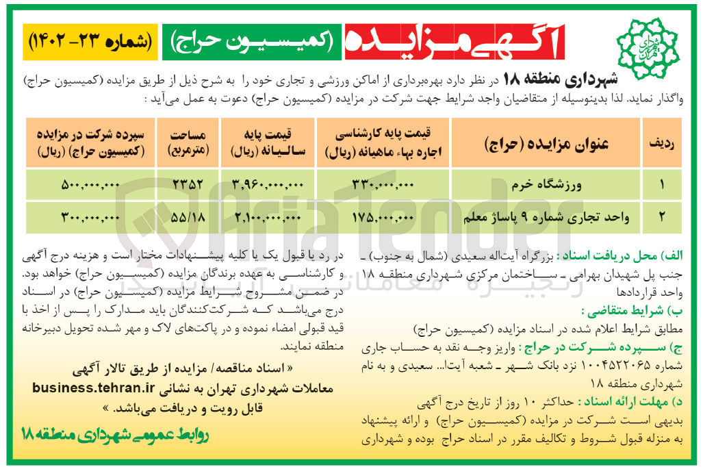 تصویر کوچک آگهی بهره برداری از اماکن ورزشی و تجاری خود شامل ورزشگاه و واحد تجاری در دو ردیف