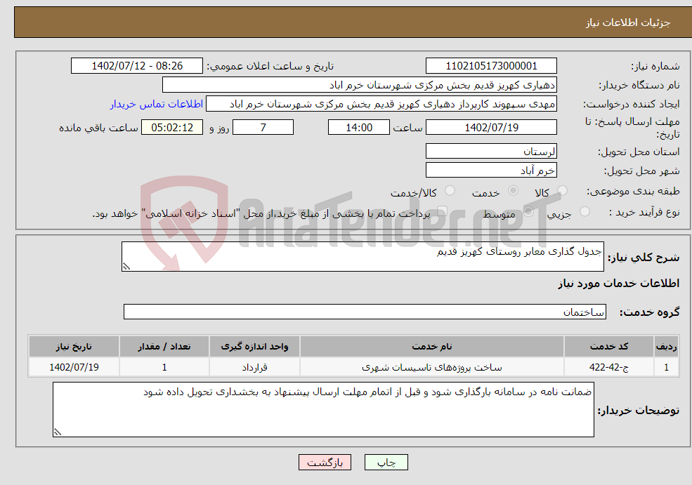 تصویر کوچک آگهی نیاز انتخاب تامین کننده-جدول گذاری معابر روستای کهریز قدیم