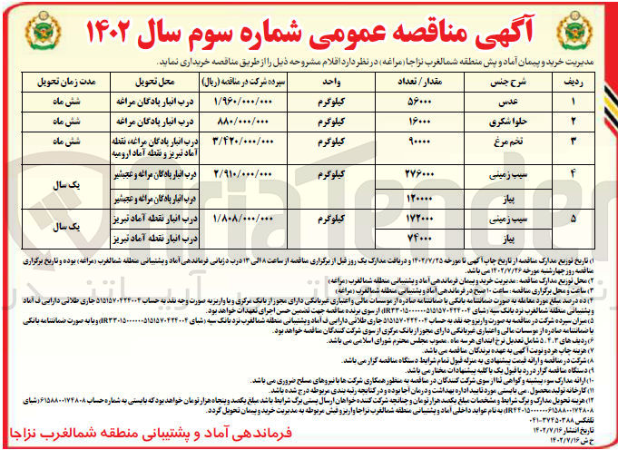 تصویر کوچک آگهی خریداری عدس به مقدار 56.000 کیلوگرم