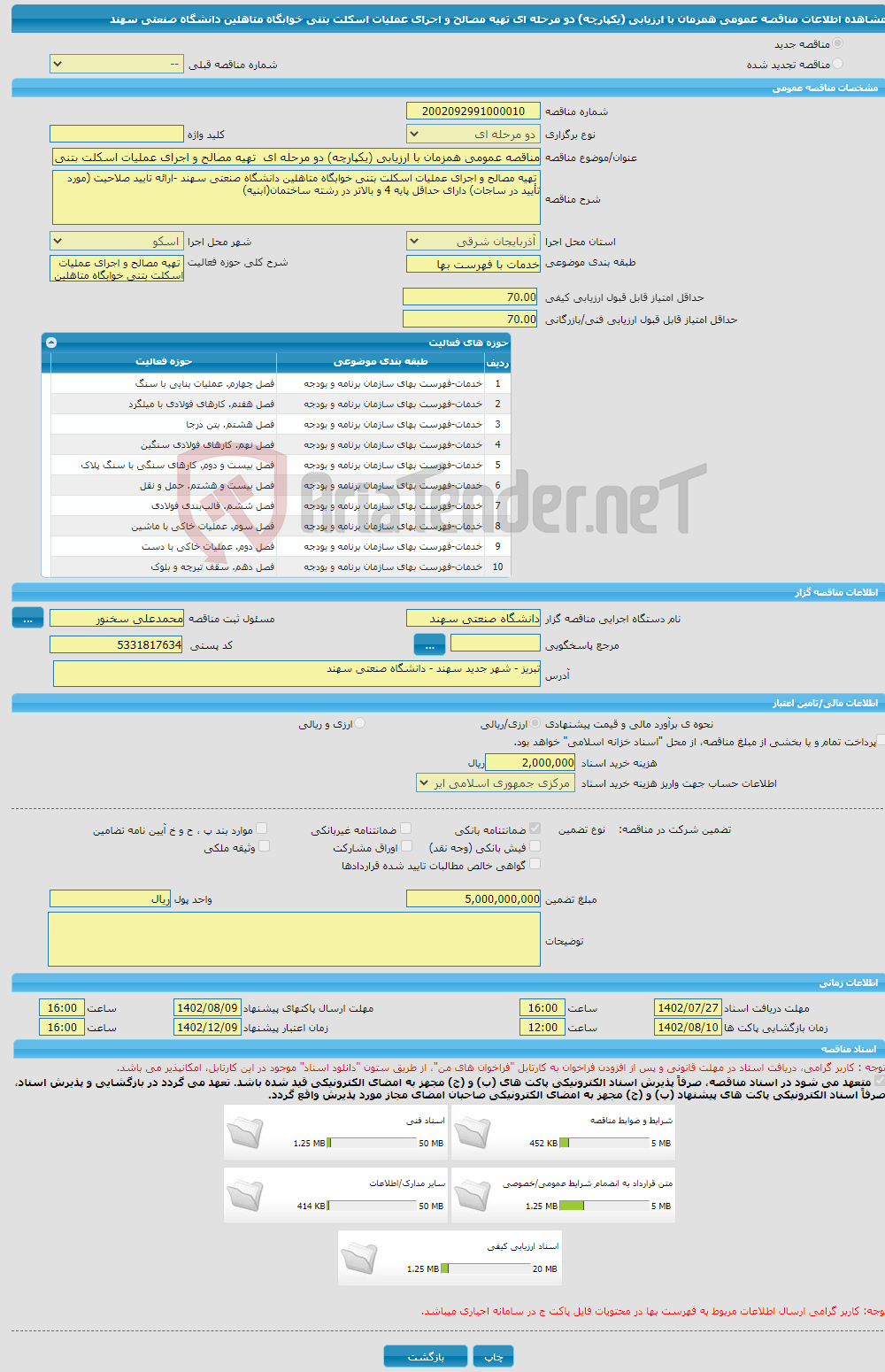 تصویر کوچک آگهی مناقصه عمومی همزمان با ارزیابی (یکپارچه) دو مرحله ای تهیه مصالح و اجرای عملیات اسکلت بتنی خوابگاه متاهلین دانشگاه صنعتی سهند 