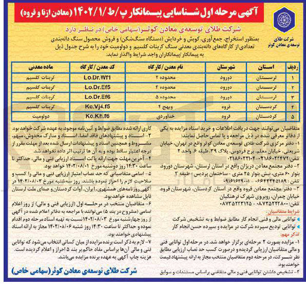 تصویر کوچک آگهی شناسایی پیمانکار به منظور استخراج، جمع آوری، کوبش و خردایش (دستگاه سنگ شکن) و فروش محصول سنگ دانه بندی تعدادی از کارگاه های دانه بندی معدنی سنگ کربنات کلسیم و دولومیت خود در 5 ردیف 