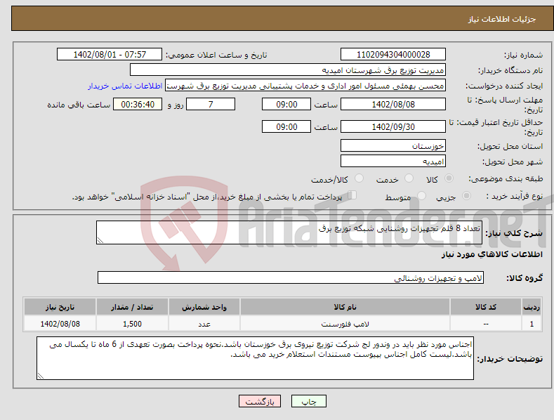 تصویر کوچک آگهی نیاز انتخاب تامین کننده-تعداد 8 قلم تجهیزات روشنایی شبکه توزیع برق