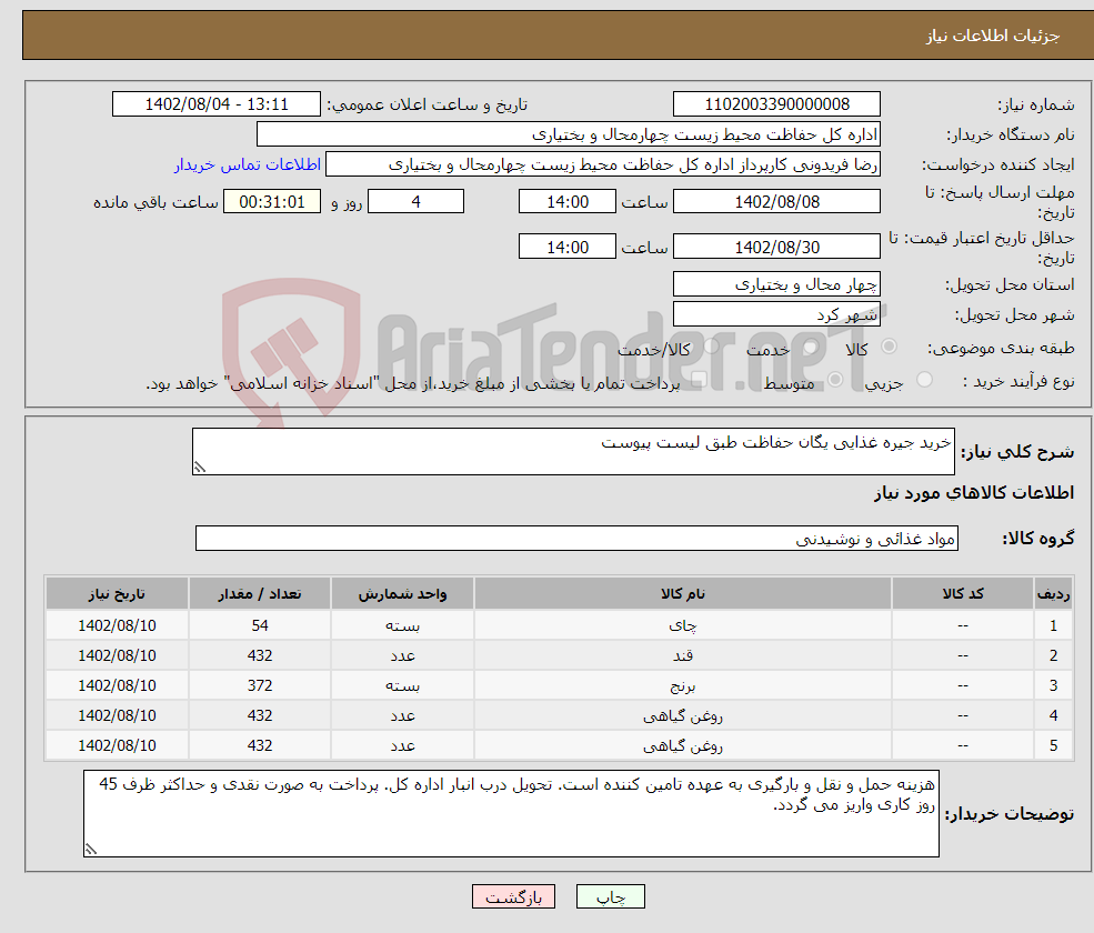 تصویر کوچک آگهی نیاز انتخاب تامین کننده-خرید جیره غذایی یگان حفاظت طبق لیست پیوست