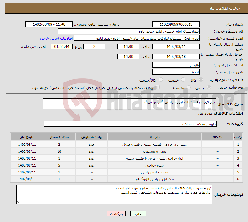 تصویر کوچک آگهی نیاز انتخاب تامین کننده-نیاز فوری به ستهای ابزار جراحی قلب و عروق