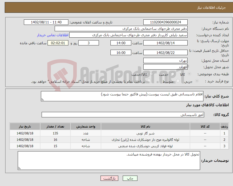 تصویر کوچک آگهی نیاز انتخاب تامین کننده-اقلام تاسیساتی طبق لیست پیوست.(پیش فاکتور حتما پیوست شود)