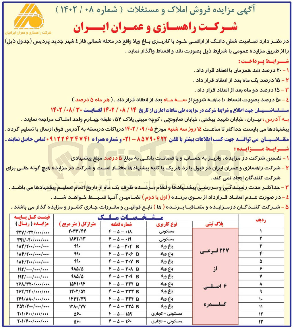 تصویر کوچک آگهی تمامیت ششدانگ از اراضی  خود باکاربری باغ و ویلا ئ مسکونی و تجاری در محله شمالی فاز 4 شهر پردیس در 13 ردیف 