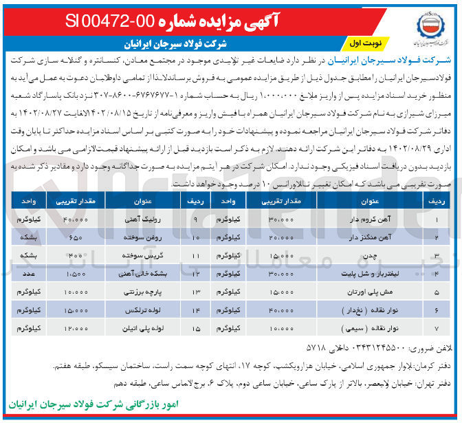 تصویر کوچک آگهی فروش ضایعات غیر تولیدی موجود در مجتمع معادن کنسانتره و گندله سازی