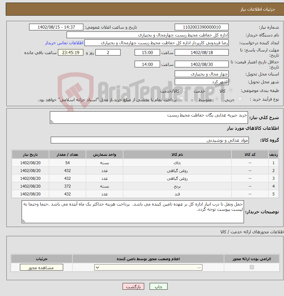 تصویر کوچک آگهی نیاز انتخاب تامین کننده-خرید جیریه غذایی یگان حفاظت محیط زیست