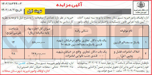 تصویر کوچک آگهی واگذاری تعدادی از موقوفات شامل دکان تجاری در 2 ردیف