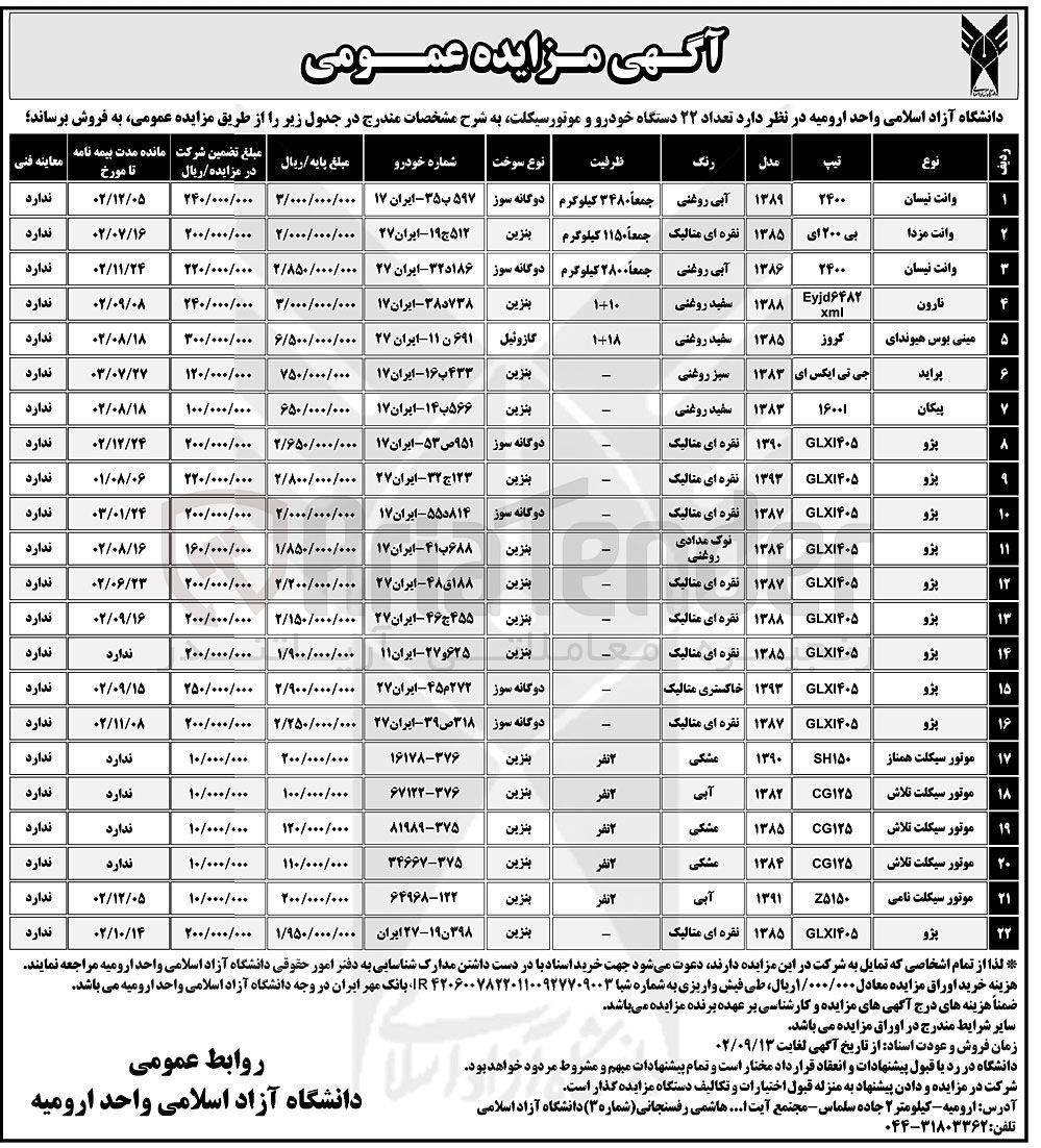 تصویر کوچک آگهی فروش 22 دستگاه خودرو سواری شامل :وانت نیسان-وانت مزدا- نارون-مینی بوس هیوندای-پراید-پیکان-پژو-موتور سیکلت همناز-موتورسیکلت تلاش-موتور سیکلت نامی