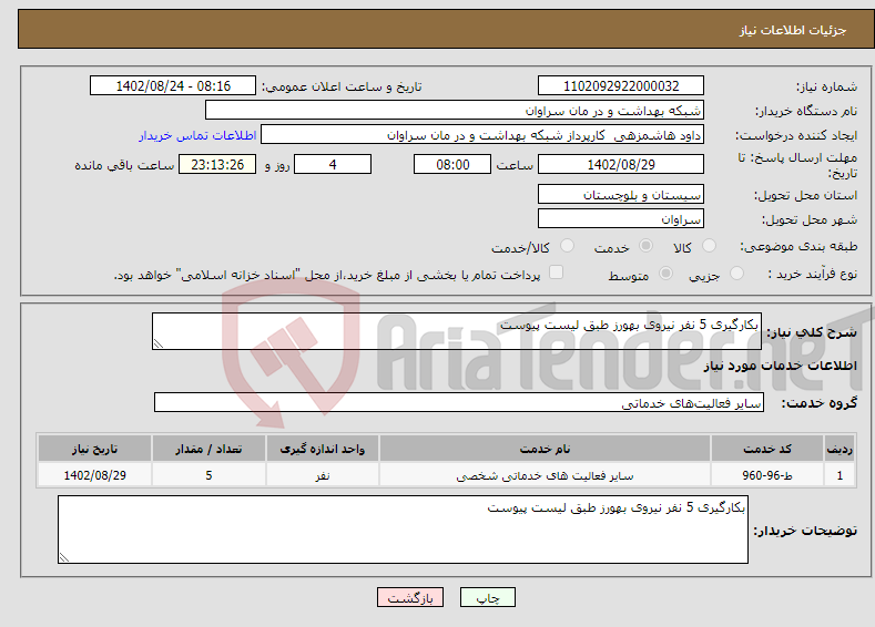 تصویر کوچک آگهی نیاز انتخاب تامین کننده-بکارگیری 5 نفر نیروی بهورز طبق لیست پیوست