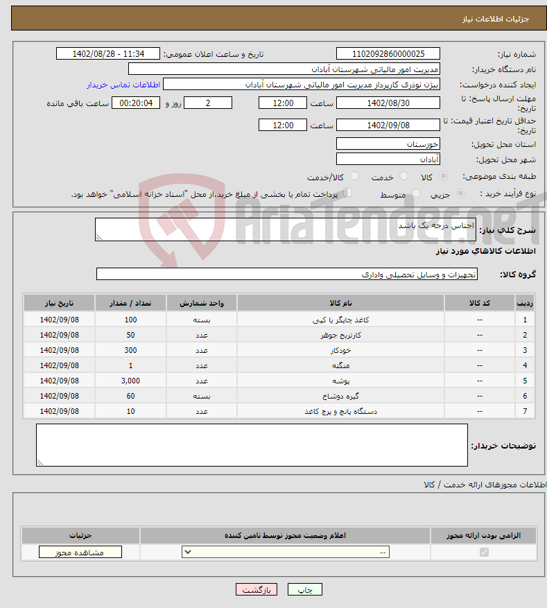 تصویر کوچک آگهی نیاز انتخاب تامین کننده-اجناس درجه یک باشد