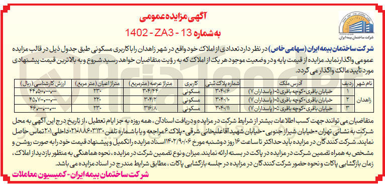 تصویر کوچک آگهی فروش تعدادی از املاک خود با کاربری مسکونی در سه ردیف