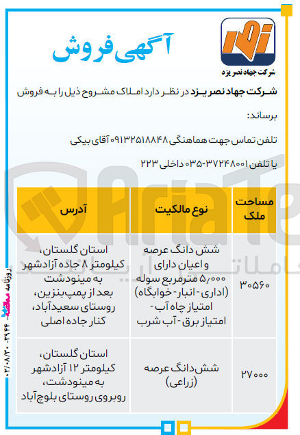 تصویر کوچک آگهی فروش املاک مشروح زیر در دو ردیف : 1- عرصه و اعیان دارای 5000 متر مربع سوله اداری انباری -خوابگاه - امتیاز چاه آب -امتیاز برق-آب شرب -2- شش دانگ عرصه زراعی 