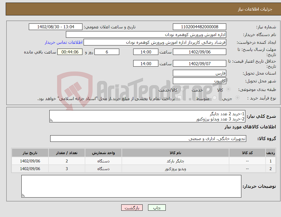 تصویر کوچک آگهی نیاز انتخاب تامین کننده-1-خرید 2 عدد چاپگر 2-خرید 3 عدد ویدئو پرژوکتور 