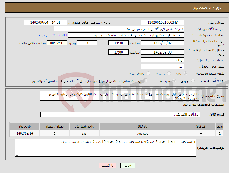 تصویر کوچک آگهی نیاز انتخاب تامین کننده-تابلو برق طبق فایل پیوست مجموع 12 دستگاه طبق توضیحات ذیل.پرداخت 60روز کاری پس از تایید فنی و تحویل در فرودگاه.