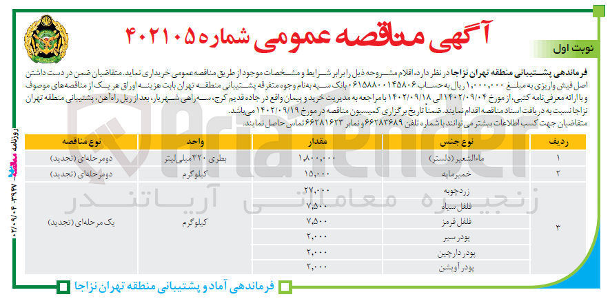 تصویر کوچک آگهی خریداری خمیرمایه به مقدار 15.000 کیلوگرم