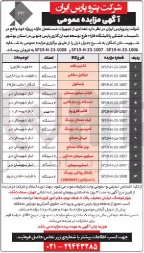 تصویر کوچک آگهی فروش تعدادی از تجهیزات مستعمل مازاد شامل :کانتینر-جرثقیل سقفی -باسکول -فیدر-قالب فلزی -کمپرسور غربال مسطح- نوار نقاله -یخساز