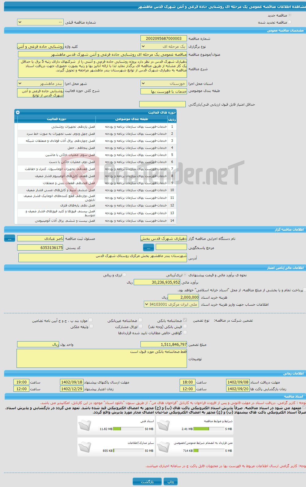 تصویر کوچک آگهی مناقصه عمومی یک مرحله ای روشنایی جاده فرعی و آنتن شهرک قدس ماهشهر 