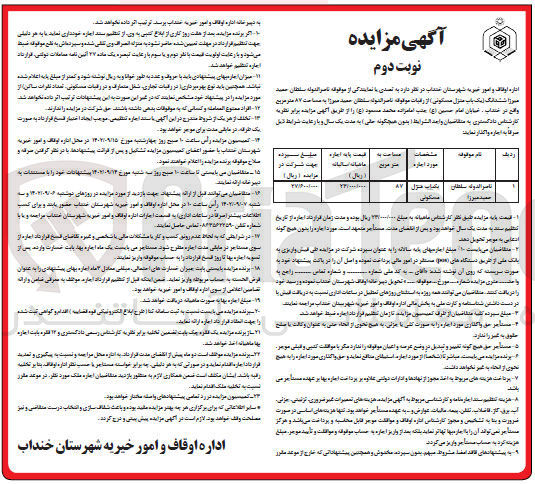 تصویر کوچک آگهی واگذاری یک  باب منزل مسکونی از رقبات موقوفه ناصرالدوله سلطان حمید میرزا