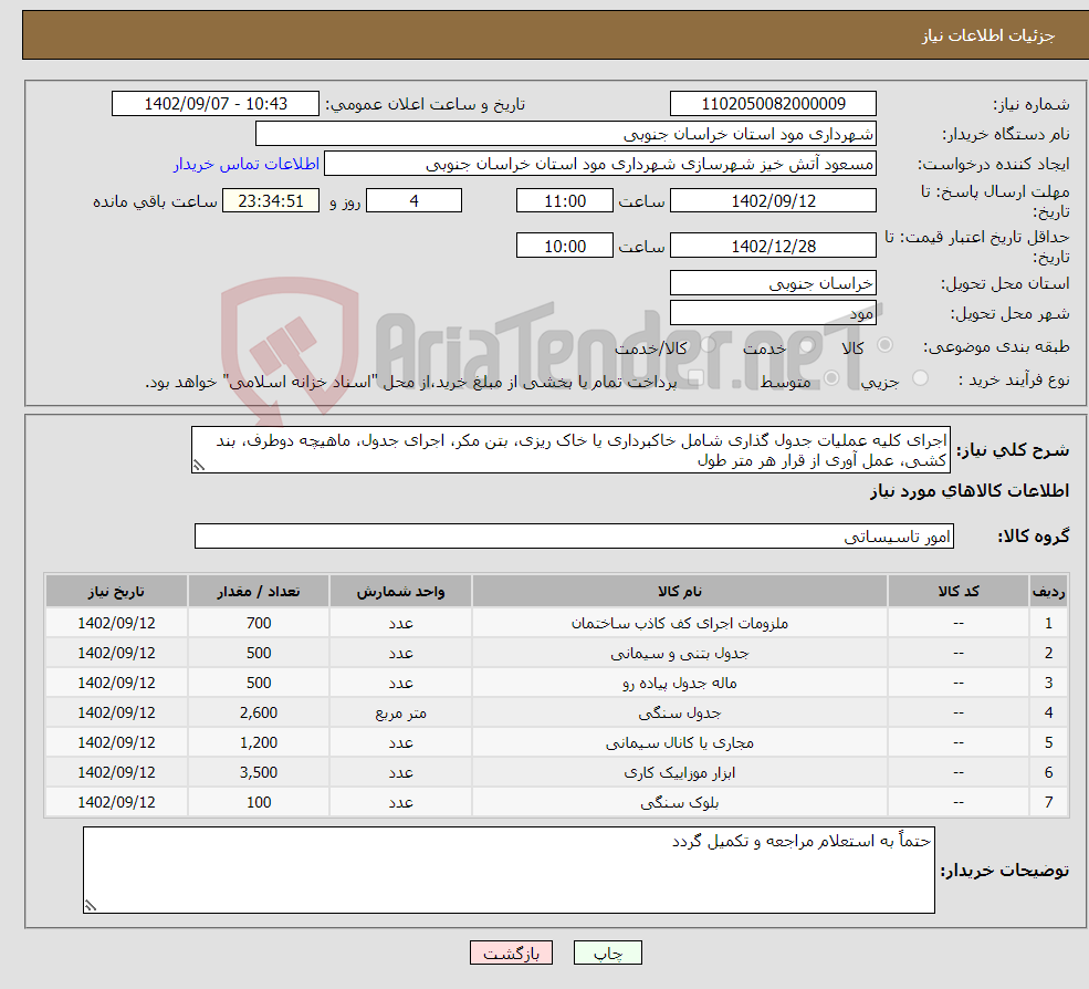 تصویر کوچک آگهی نیاز انتخاب تامین کننده-اجرای کلیه عملیات جدول گذاری شامل خاکبرداری یا خاک ریزی، بتن مکر، اجرای جدول، ماهیچه دوطرف، بند کشی، عمل آوری از قرار هر متر طول