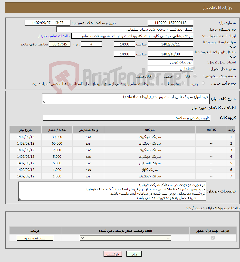 تصویر کوچک آگهی نیاز انتخاب تامین کننده-خرید انواع سرنگ طبق لیست پیوستی(باپرداخت 6 ماهه)