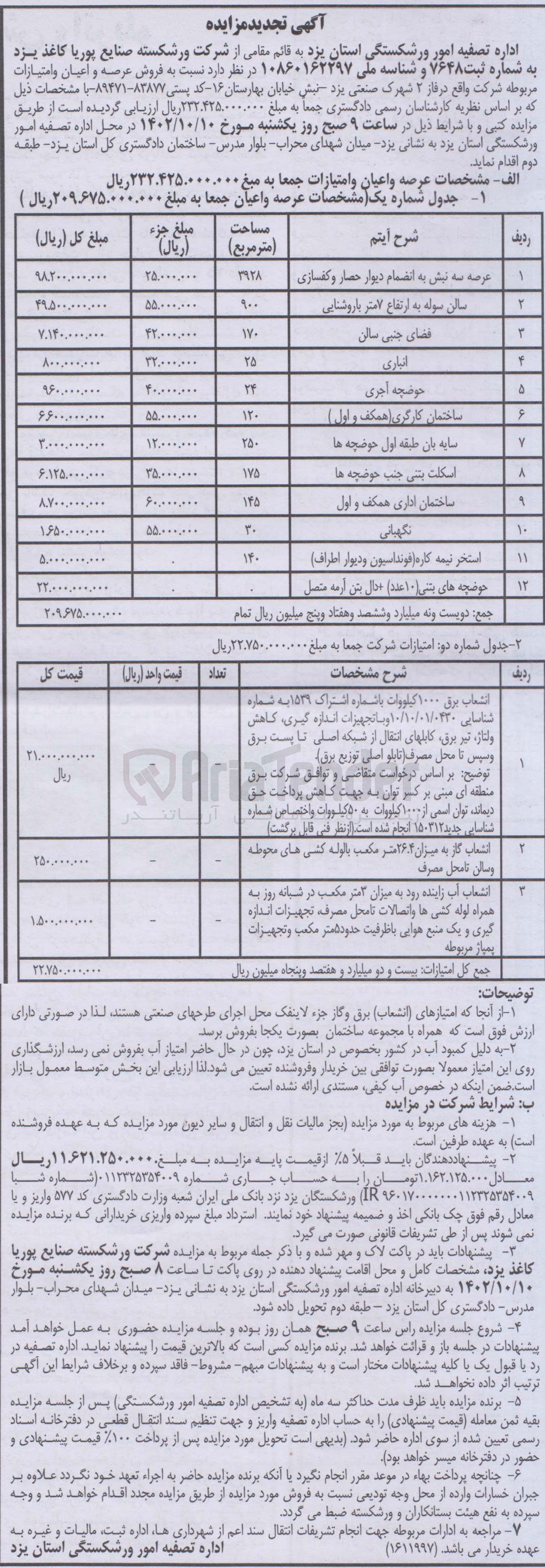 تصویر کوچک آگهی فروش عرصه و اعیان و امتیازات مربوطه