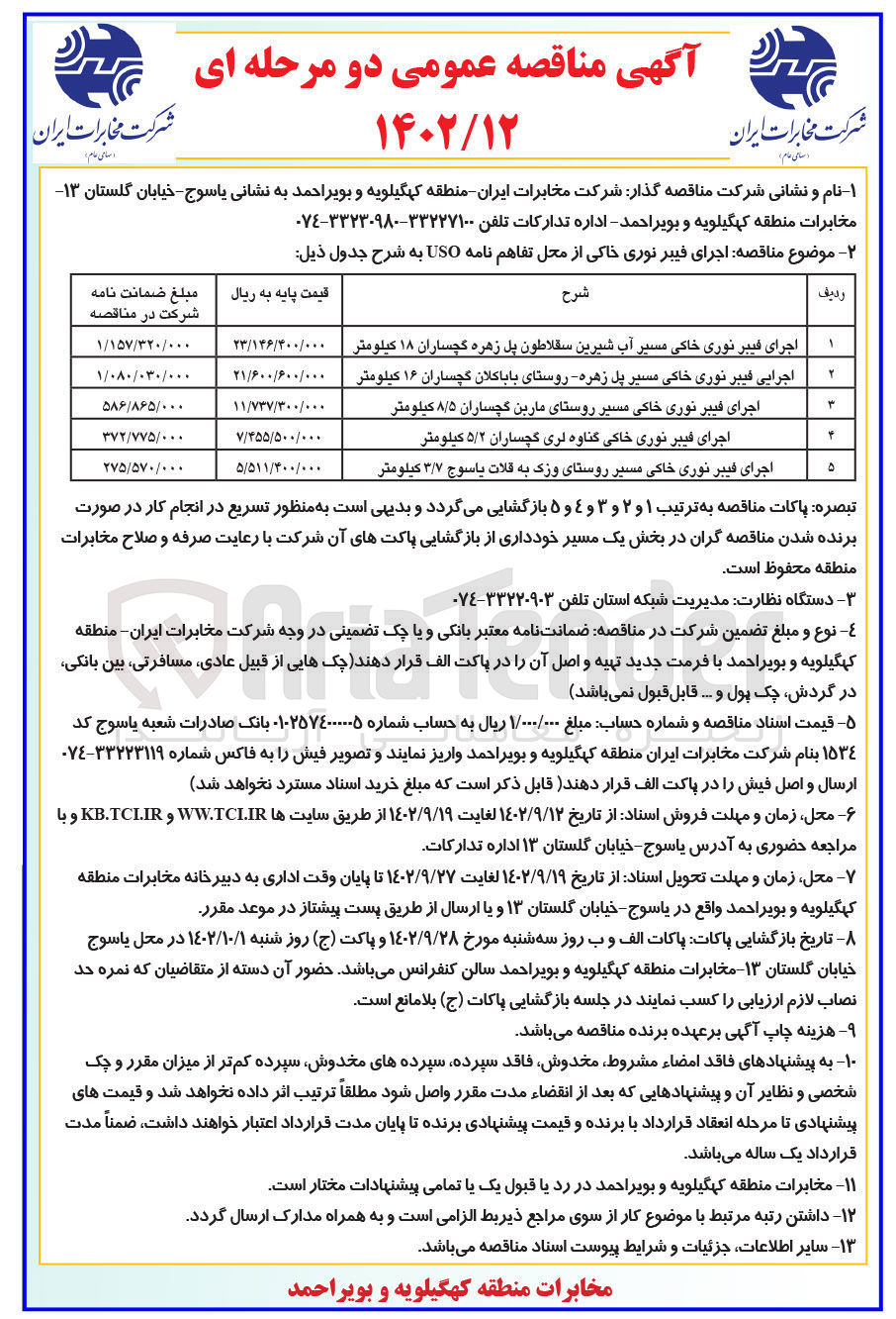 تصویر کوچک آگهی اجرای فبیر نوری خاکی مسیر روستای وزک به قلات یاسوج 3/7 کیلومتر 