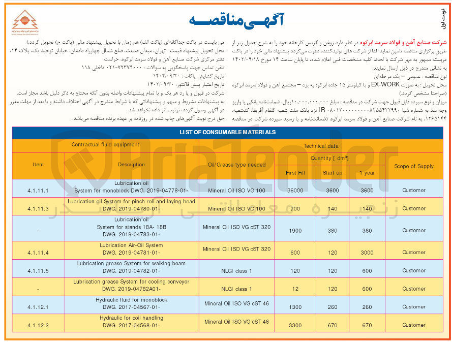 تصویر کوچک آگهی تامین روغن و گریس کارخانه خود 