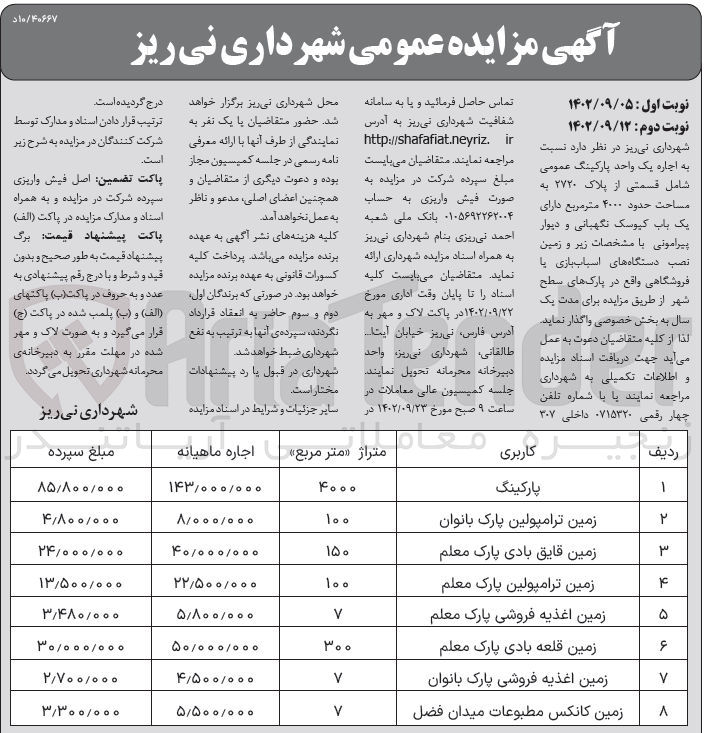 تصویر کوچک آگهی واگذاری به صورت اجاره یک واحد پارکینگ عمومی شامل یک باب کیوسک نگهبانی و دیوار پیرامونی  با مشخصات و با کاربری پارکینگ - زمین ترامپولین - زمین قایق بادی - زمین اغذیه فروشی - زمین قلعه بادی - زمین کانکس و زمین نصب دستگاه های اسباب بازی یا فروشگاهی واقع در پارک های سطح شهر به مدت یک سال