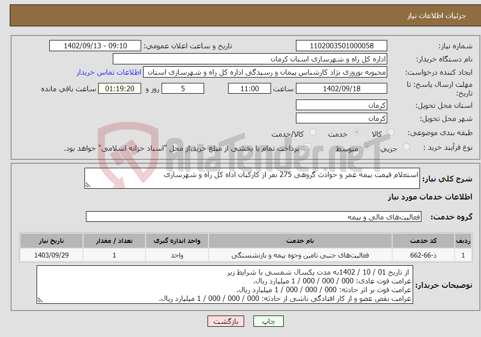 تصویر کوچک آگهی نیاز انتخاب تامین کننده-استعلام قیمت بیمه عمر و حوادث گروهی 275 نفر از کارکنان اداه کل راه و شهرسازی