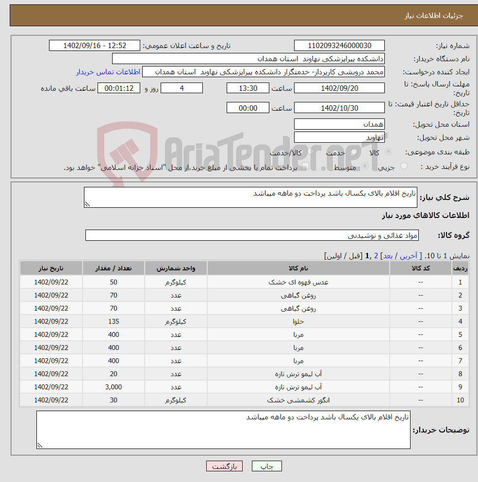 تصویر کوچک آگهی نیاز انتخاب تامین کننده-تاریخ اقلام بالای یکسال باشد پرداخت دو ماهه میباشد