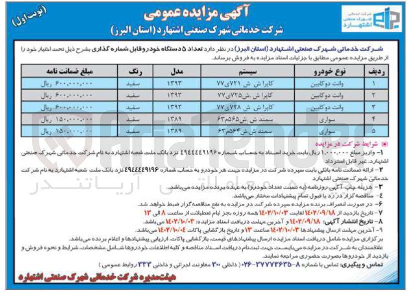 تصویر کوچک آگهی فروش تعداد 5 دستگاه خودرو قابل شماره گذاری شامل وانت دو کابین - سواری