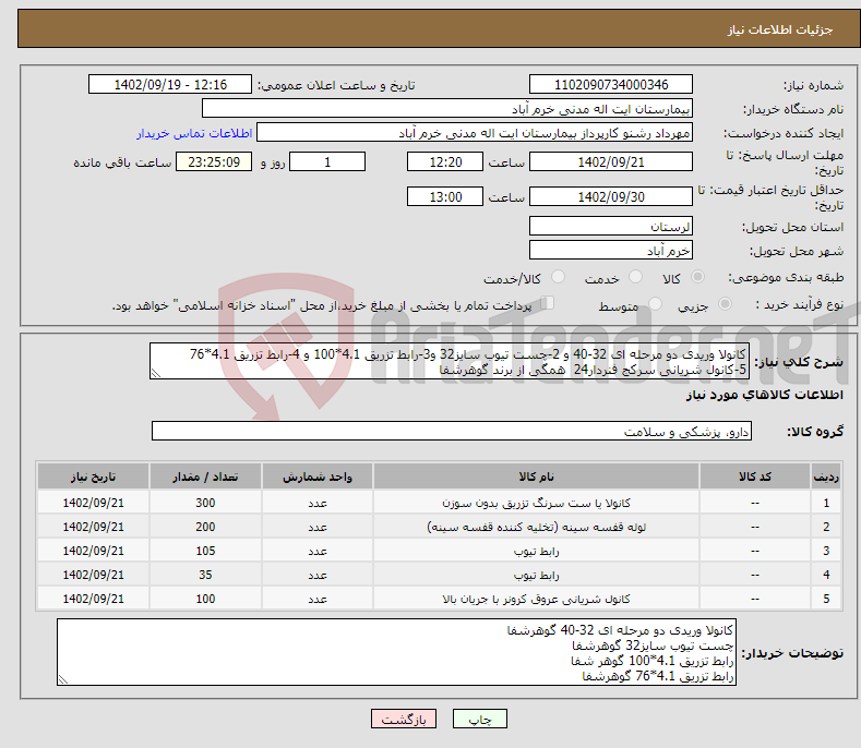 تصویر کوچک آگهی نیاز انتخاب تامین کننده-کانولا وریدی دو مرحله ای 32-40 و 2-چست تیوب سایز32 و3-رابط تزریق 4.1*100 و 4-رابط تزریق 4.1*76 5-کانول شریانی سرکج فنردار24 همگی از برند گوهرشفا