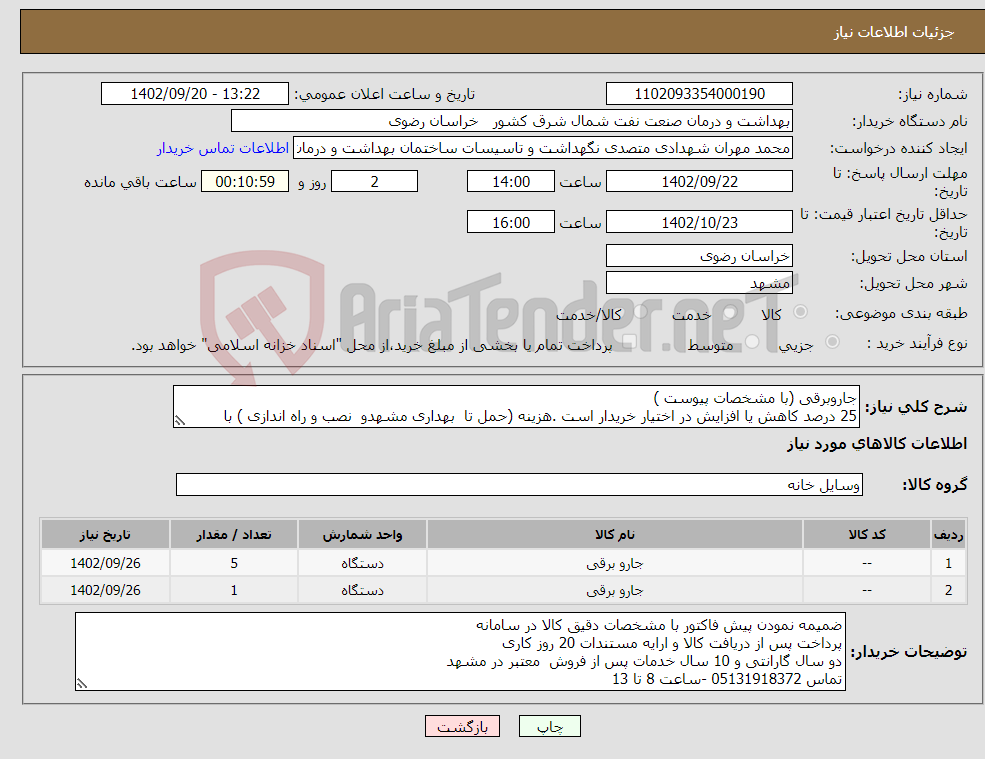 تصویر کوچک آگهی نیاز انتخاب تامین کننده-جاروبرقی (با مشخصات پیوست ) 25 درصد کاهش یا افزایش در اختیار خریدار است .هزینه (حمل تا بهداری مشهدو نصب و راه اندازی ) با فروشنده 