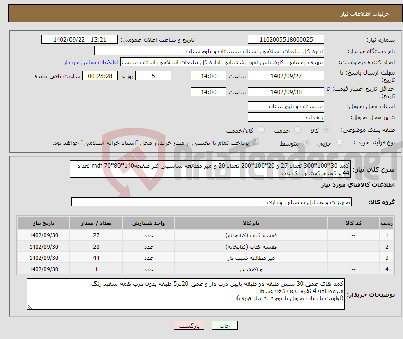 تصویر کوچک آگهی نیاز انتخاب تامین کننده-کمد 30*100*300 تعداد 27 و 20*100*200 تعداد 20 و میز مطالعه شاسیی فلز صفحهmdf 70*80*140 تعداد 44 و کمدجاکفشی یک عدد