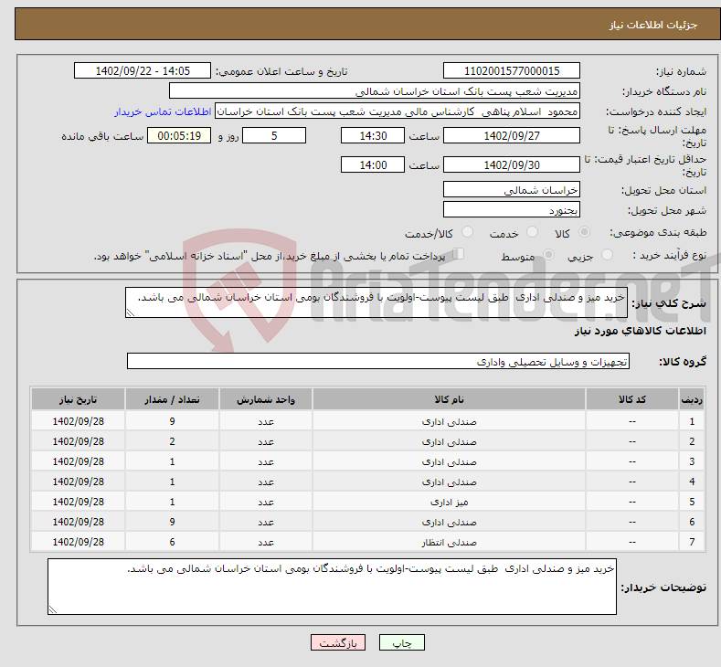 تصویر کوچک آگهی نیاز انتخاب تامین کننده-خرید میز و صندلی اداری طبق لیست پیوست-اولویت با فروشندگان بومی استان خراسان شمالی می باشد. 